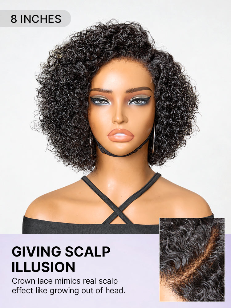 Luvme trendy short cut curly HD lace glueless side part wig made of 100% human hair with a minimalist style.
