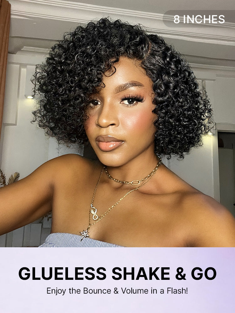 Luvme trendy short cut curly HD lace glueless side part wig made of 100% human hair, minimalistic style, suitable for weekly special.