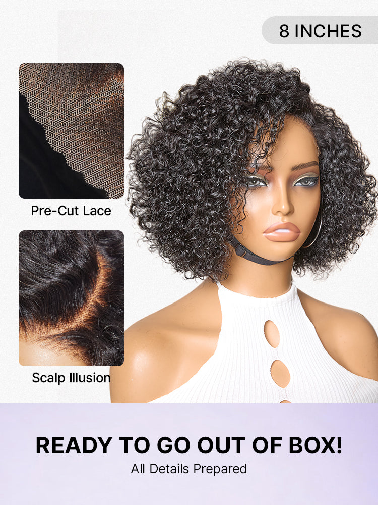 Luvme trendy short cut curly HD lace glueless side part wig made of 100% human hair, showcasing its minimalist style and natural curl pattern.