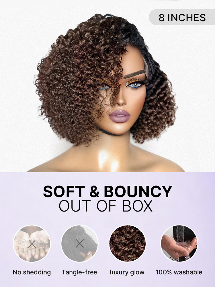 Luvme trendy short cut curly HD lace glueless side part wig made of 100% human hair, showcasing natural curls and minimalist style.