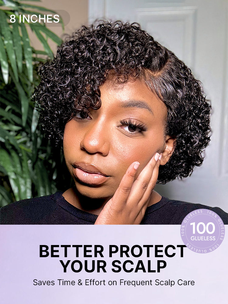 Luvme trendy short curly HD lace glueless side part wig made of 100% human hair, styled with a minimalist look.
