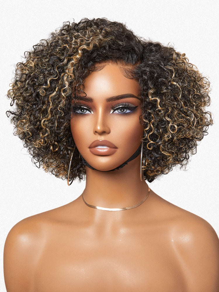 Luvme short cut curly HD lace glueless side part wig made of 100% human hair, showcasing its trendy minimalistic style and natural curls.