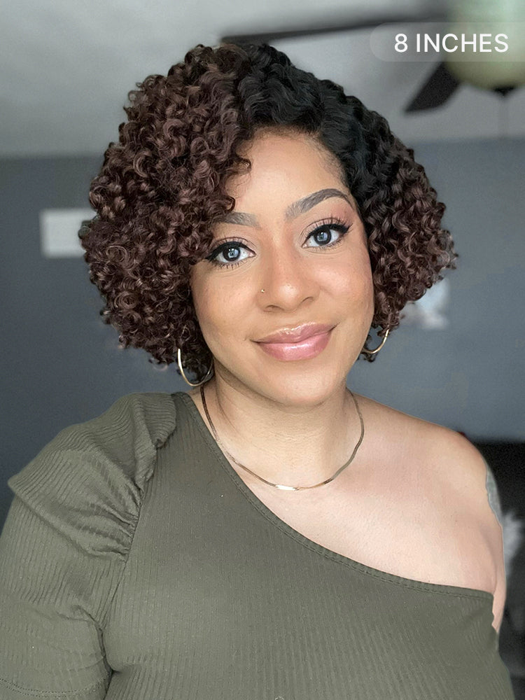 Luvme trendy short curly HD lace glueless side part wig made from 100% human hair, showcasing natural curls and minimalist style.