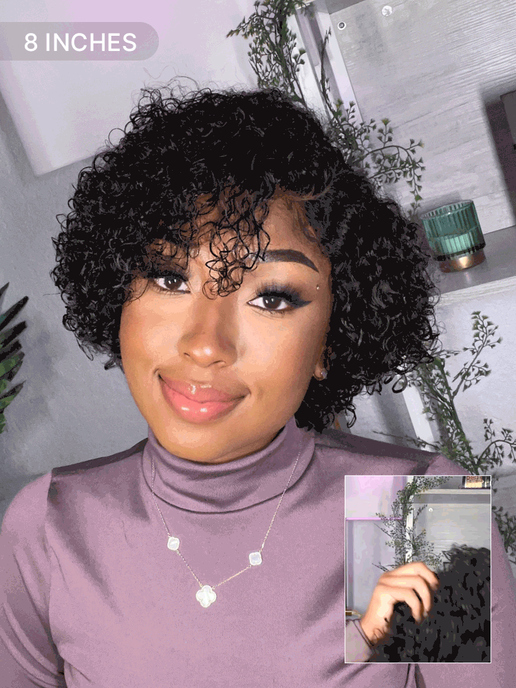 Luvme short cut curly HD lace glueless side part wig made of 100% human hair, styled in a trendy minimalist look.