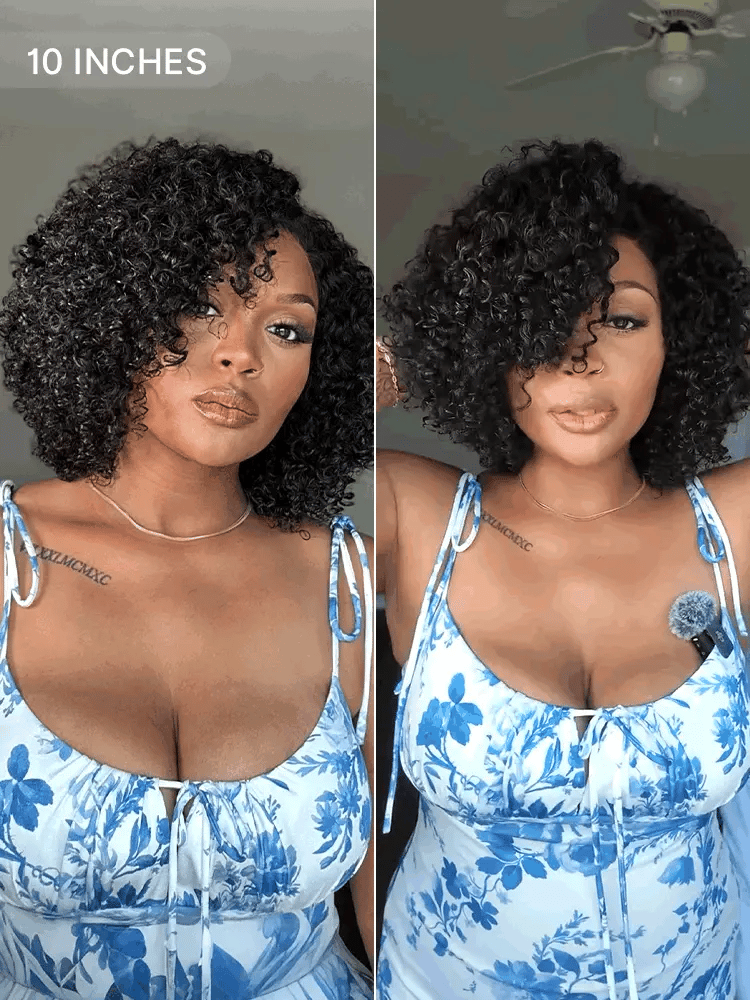 Luvme short cut curly HD lace glueless side part wig made of 100% human hair, showcasing natural curls and minimalist style.
