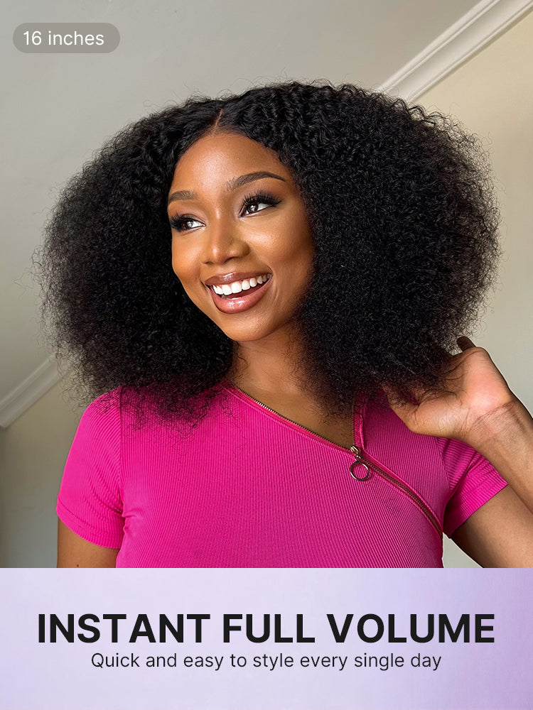 Luvme Hair Afro curly lace wig with 5x5 closure, 200% density, glueless pre-cut design, one size fits all cap.
