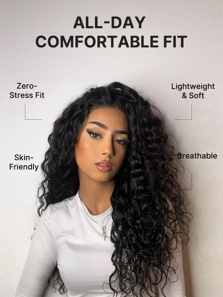 Luvme Hair AiryFit™ Water Wave Curly 5x5 Closure Wig with pre-cut lace, snug fit, and glueless design, showcasing natural curly hair.
