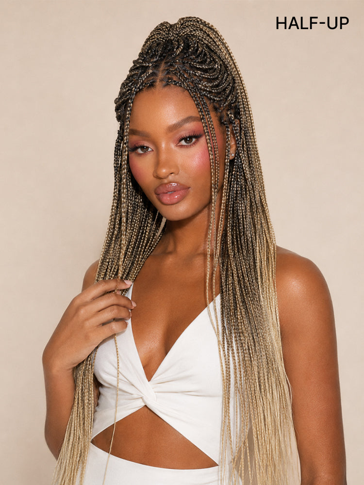 Luvme Hair OwnScalp™ 613 Blonde and natural black braids with a realistic scalp look, lace knotless box braid wig on drawstring cap.