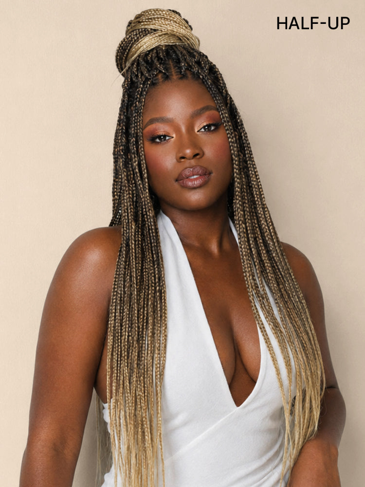 Luvme Hair OwnScalp™ 613 Blonde and Natural Black Box Braided Wig with a realistic scalp look on a lace cap, drawstring style.