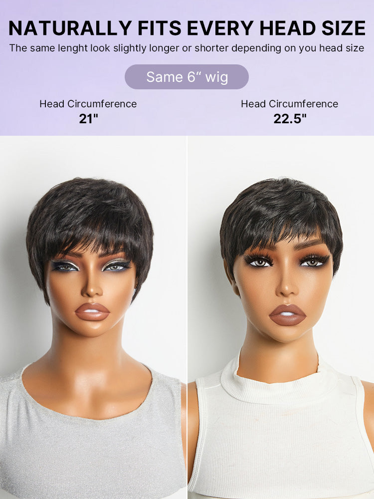 Luvme Hair throw-on short wig with bangs, skin-like soft comfort, glueless, hair loss friendly, easy to wear.
