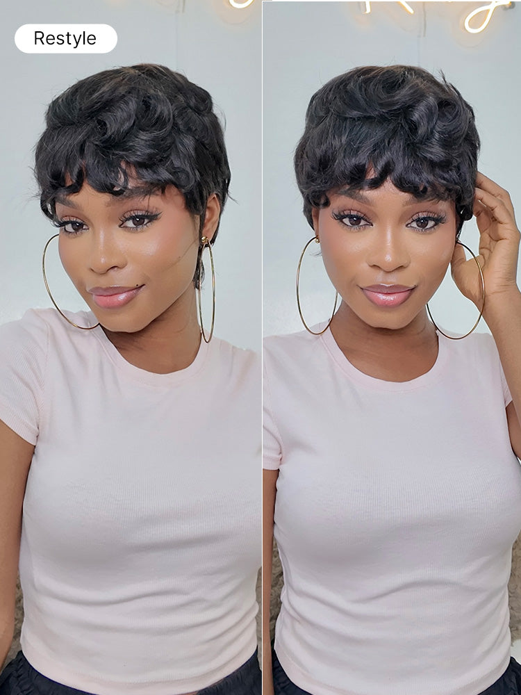 Luvme Hair Throw On & Go short cut wig with bangs, skin-like soft comfort, glueless design, ideal for hair loss concealment.