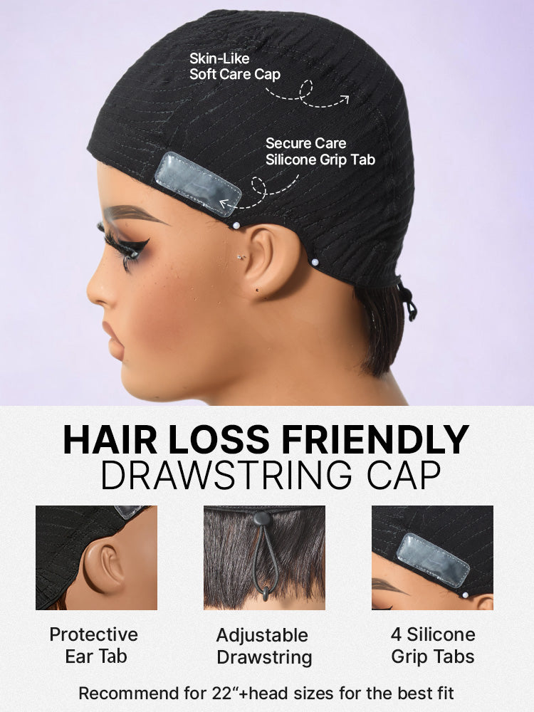 Luvme Hair throw-on short cut wig with bangs, ultra comfort, skin-like soft texture, glueless design, suitable for hair loss recovery.