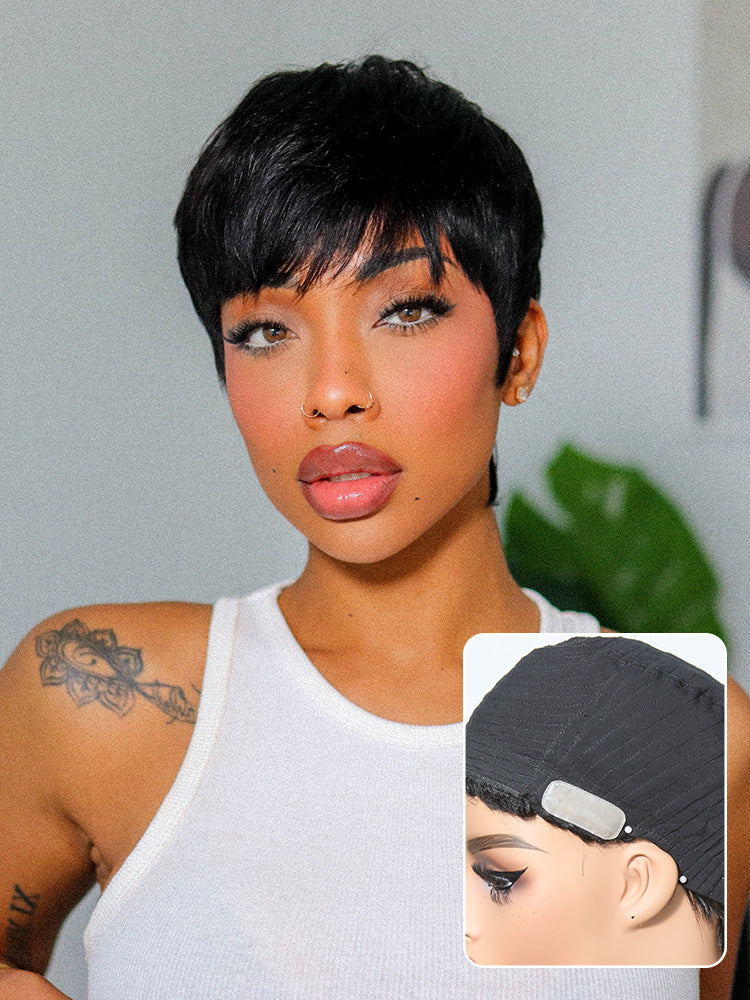 Throw On & Go Short Cut with Bangs Wig Ultra Comfort Skin-Like Soft Care Glueless Wig Hair Loss Friendly-39