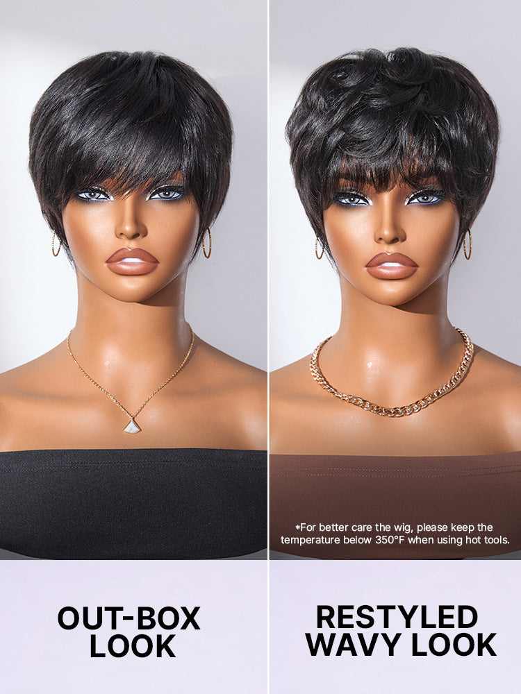 Luvme Hair Throw On & Go Short Cut with Bangs wig, skin-like soft comfort, glueless design, ideal for hair loss concealment.
