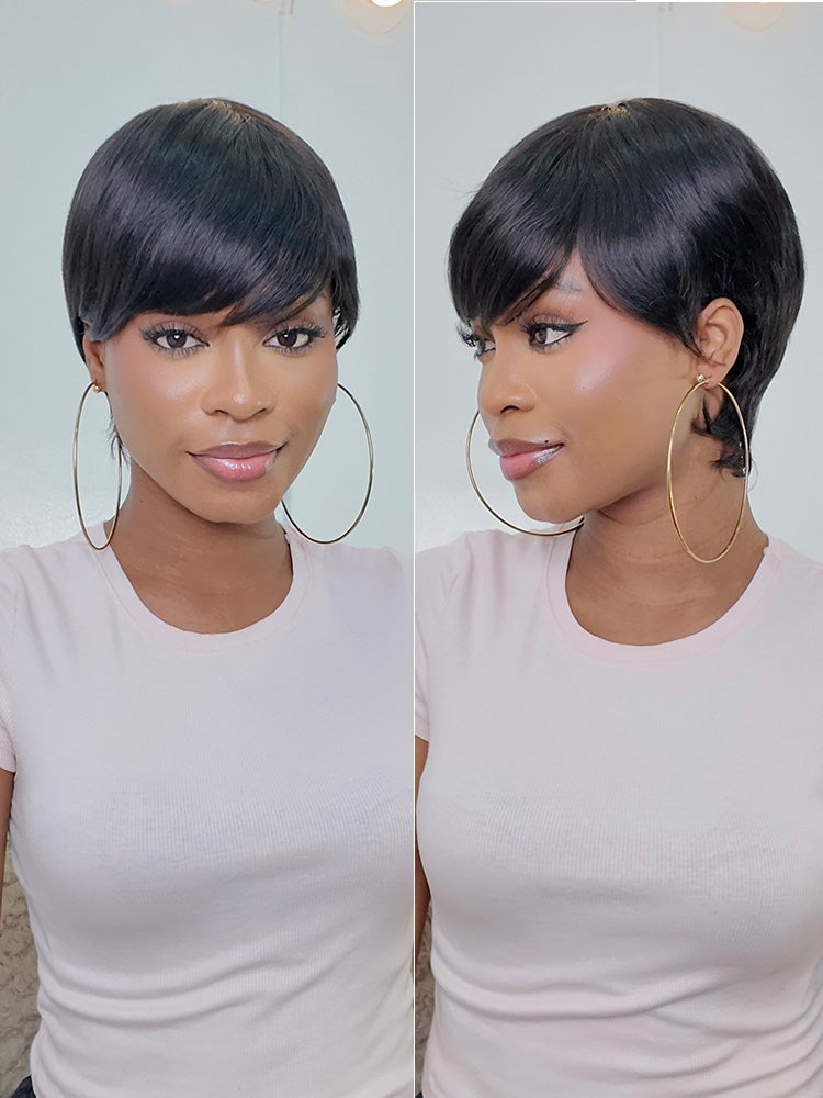 Luvme Hair Throw On & Go short cut wig with bangs, skin-like soft, glueless, comfortable, ideal for hair loss concealment.