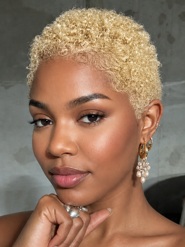 Ultra-Short Tight Afro Kinky Curly Blonde Pixie Cut Full Lace Human Hair Wig-01