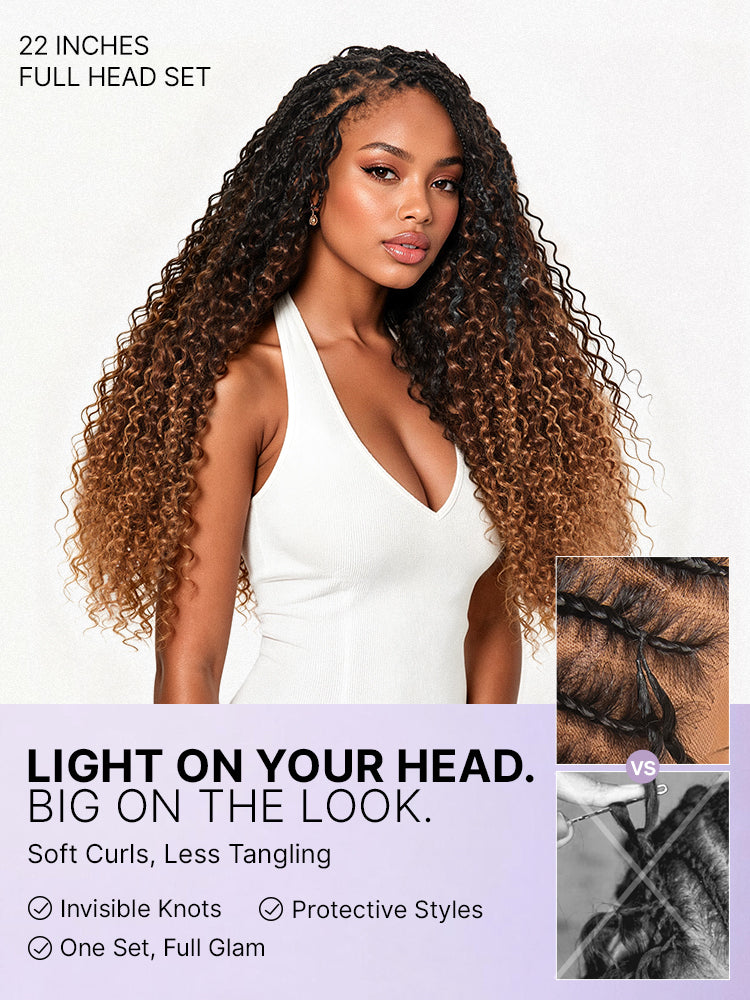 Luvme Hair Miracle Knots colored crochet hair with wet and wavy ombre brown shades, ideal for boho braids and protective styles