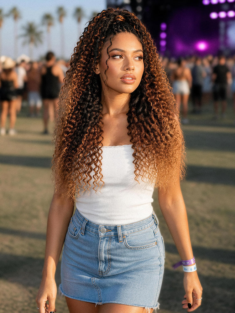 Luvme Hair Miracle Knots colored crochet hair with wet and wavy ombre mix brown, styled in boho braids and twists.