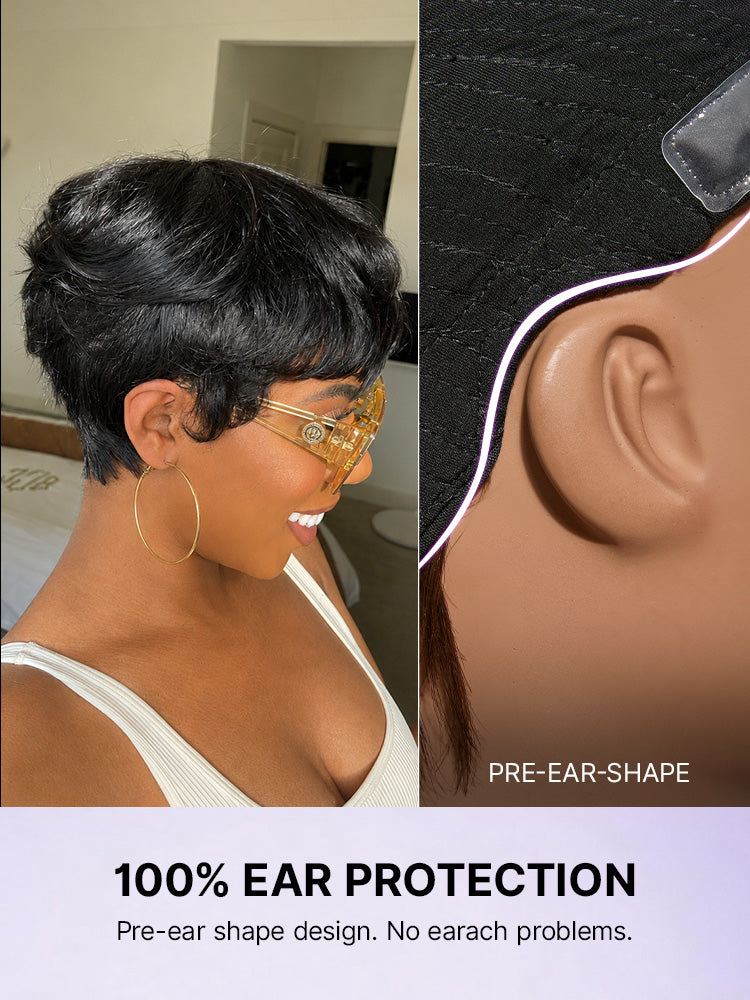 Luvme Hair throw-on short cut wig with bangs, cotton cap, glueless design, ultra comfort, hair loss friendly for new customers.