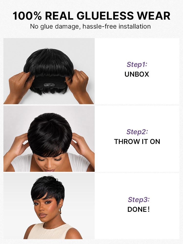 Luvme Hair throw-on cotton cap wig with bangs, glueless, comfortable, hair loss friendly, short cut style for new customers.