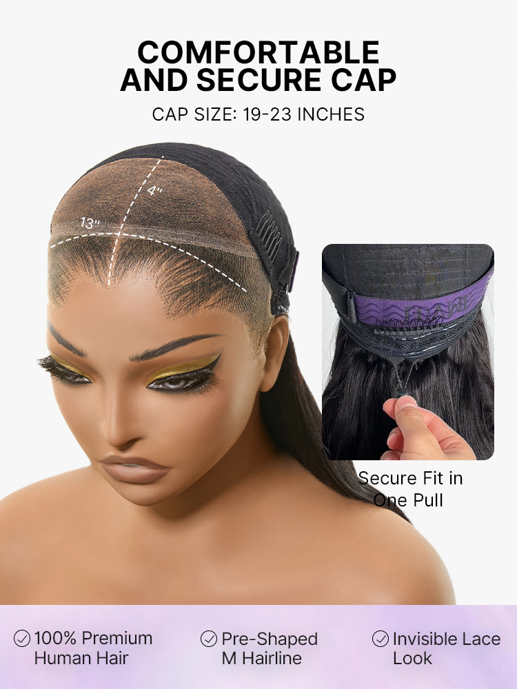 Luvme Hair Lagos M-Shaped Lace Frontal Wig with natural-looking silky straight human hair and pre-cut 13×4 lace front.
