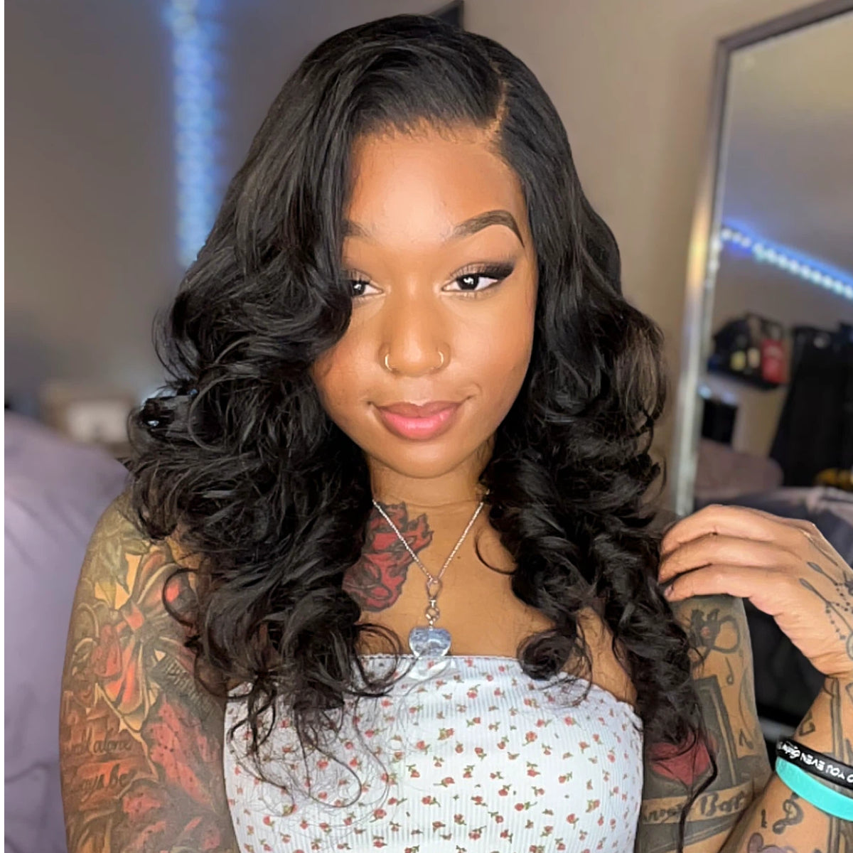 Luxury Luvme Hair full lace human hair wig with loose body wave, flexible invisibility drawstring cap, and HD full lace finish.