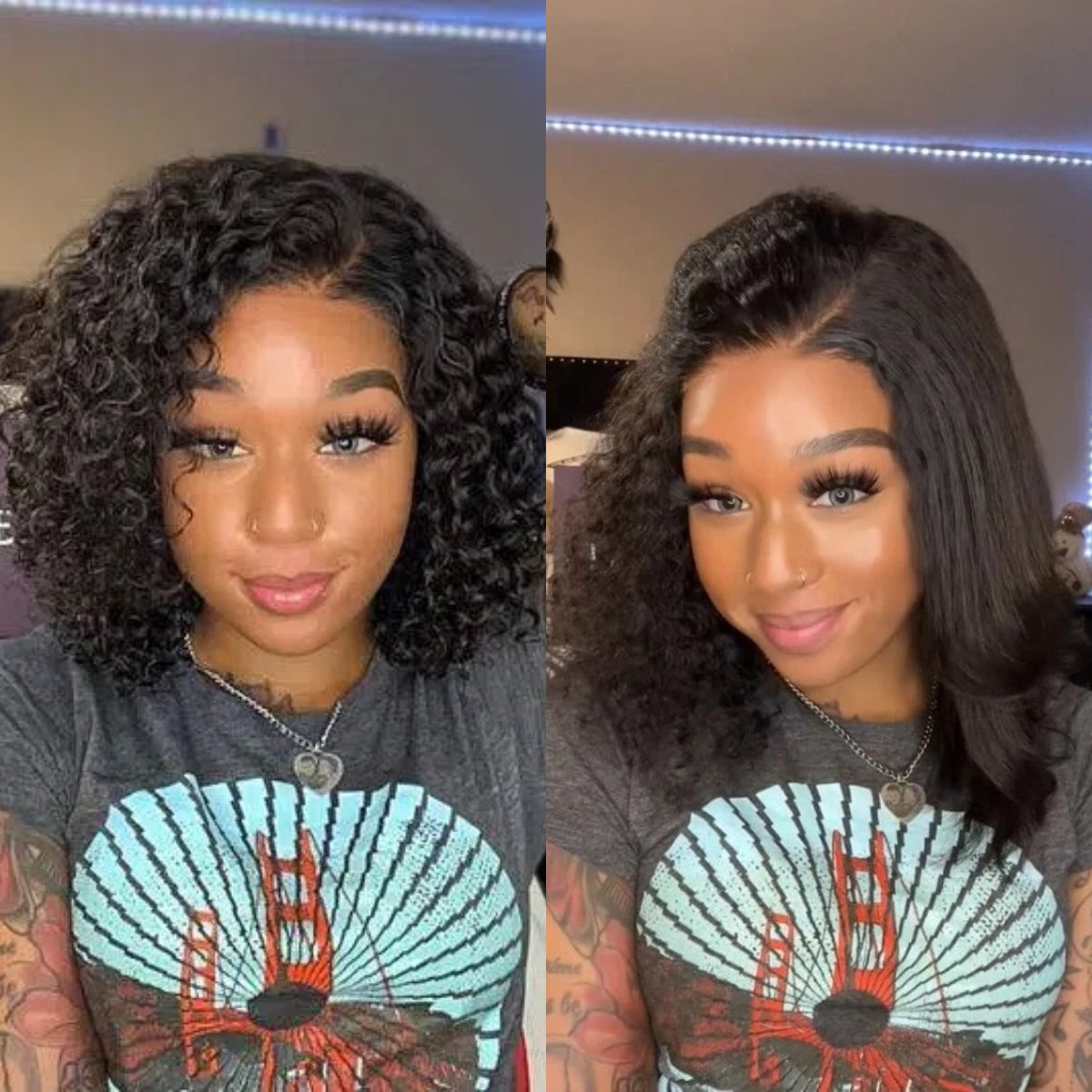 Luvme VIP ONLY water wave 4x4 lace closure short wig with glueless side part and wet and wavy hairstyle, natural hair texture.