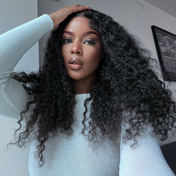 Luvme VIP ONLY deep wave 4x4 lace closure wig with glueless design, long curly 100% human hair, mid part style.