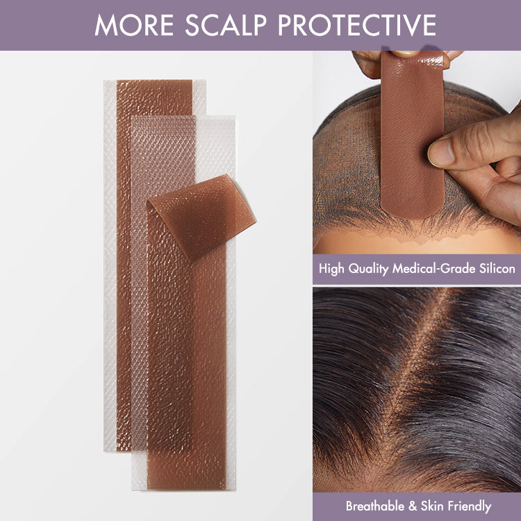 Luvme Hair 8-piece fake scalp tape set for wigs, featuring invisible knots and grids, used for secure wig attachment and styling.