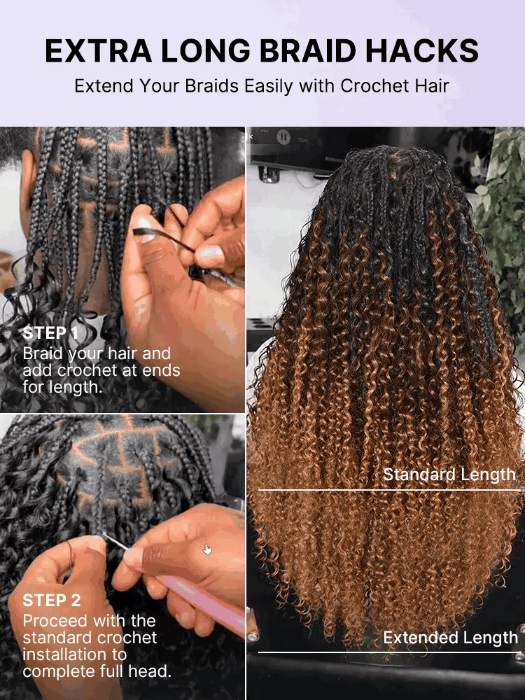 Luvme Hair Miracle Knots colored crochet hair in ombre brown with wet and wavy texture, styled in boho braids and twists.