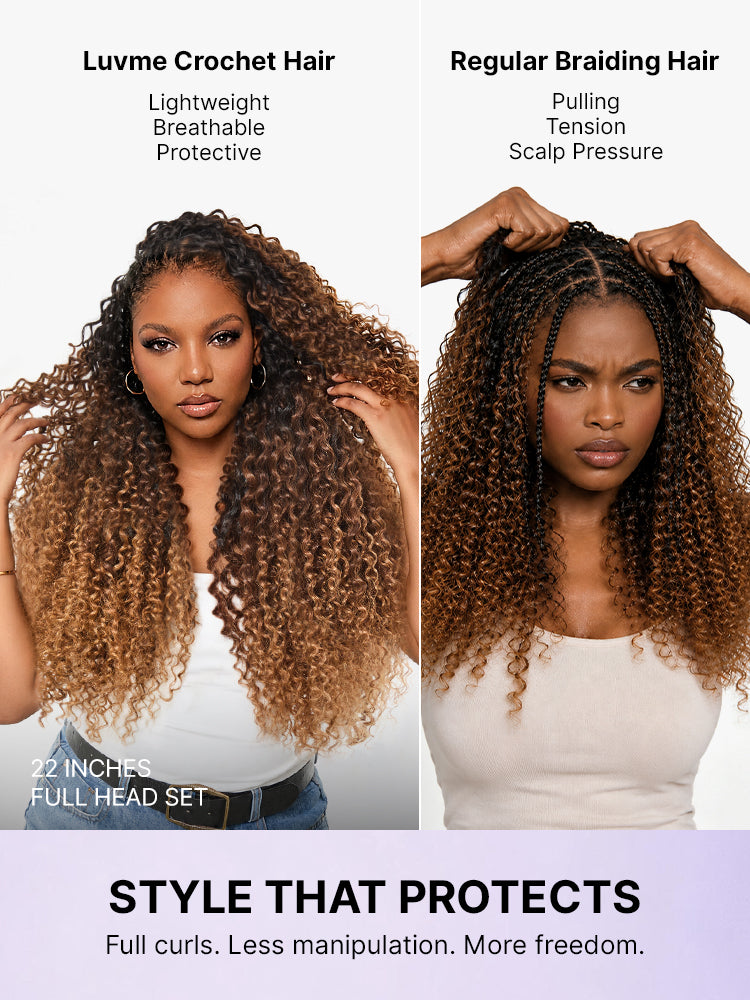 Luvme Hair Miracle Knots colored crochet hair in ombre brown, wet and wavy style, pre-looped human hair extensions for protective braids