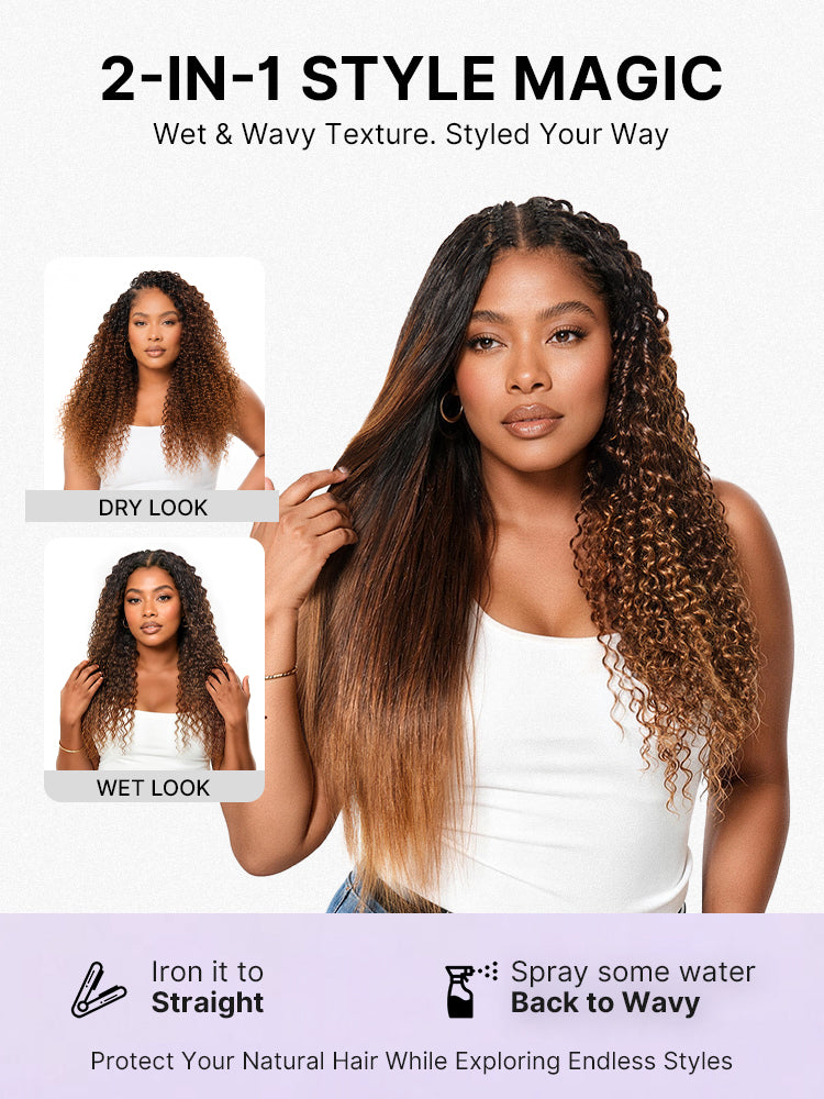 Luvme Hair Miracle Knots colored crochet hair with wet and wavy ombre brown, lightweight pre-looped human hair extensions for protective styles
