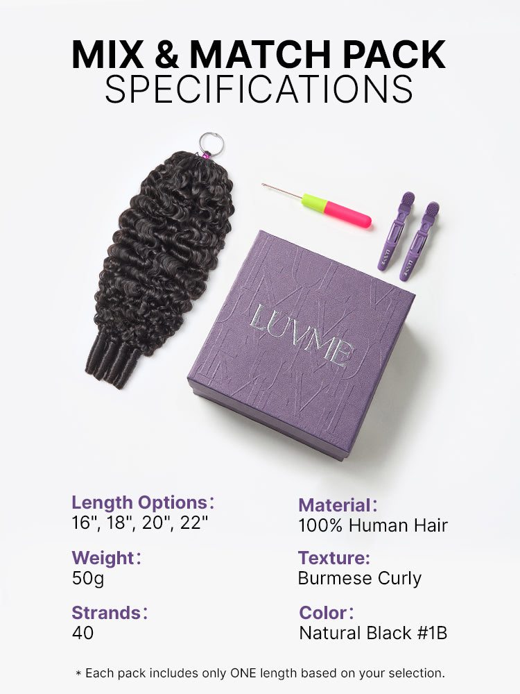 Luvme Hair Miracle Knots Crochet Hair Burmese Curly extensions for boho braids, twists, and protective styles, lightweight and soft.