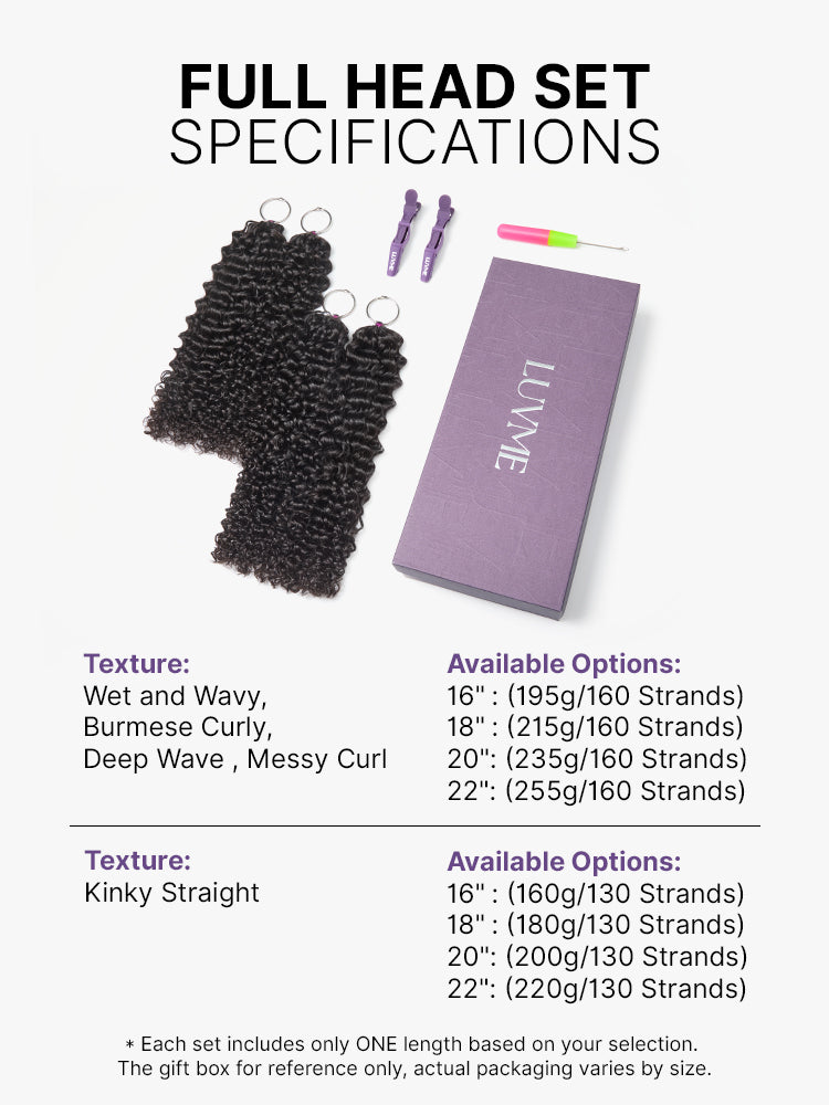 Luvme Hair Miracle Knots crochet hair extensions in water wave and kinky straight styles, full, soft, and pre-looped for protective styling.