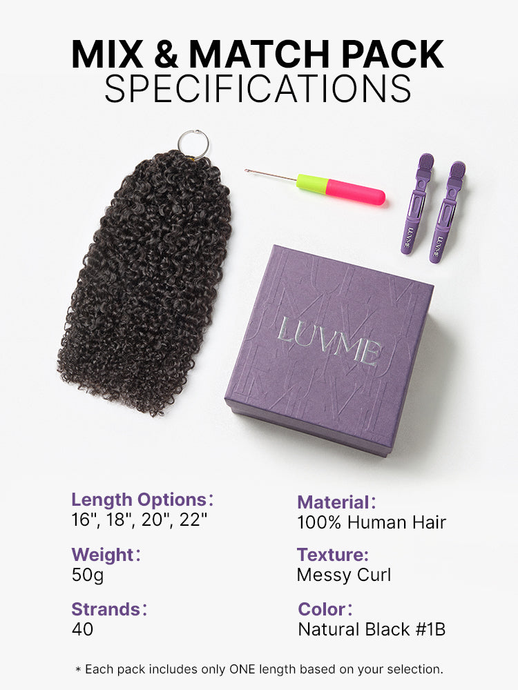 Luvme Hair Miracle Knots crochet curly hair extensions with messy boho style, lightweight pre-looped human hair for protective braids and twists.