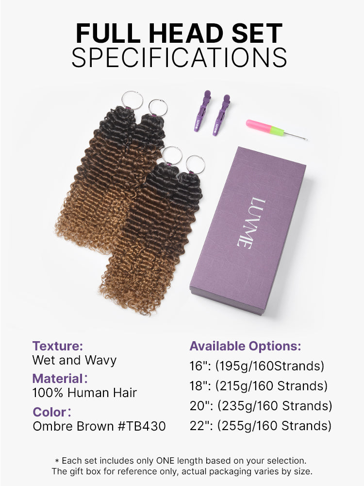 Colored crochet hair extensions by Luvme Hair, wet and wavy ombre mix brown, lightweight pre-looped human hair for protective styles.
