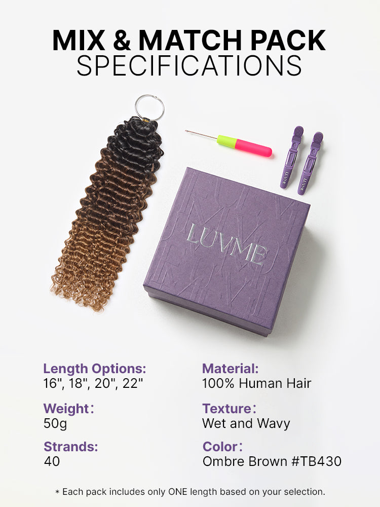 Luvme Hair Miracle Knots colored crochet hair with wet and wavy ombre mix brown, lightweight human hair extensions for boho braids and twists.
