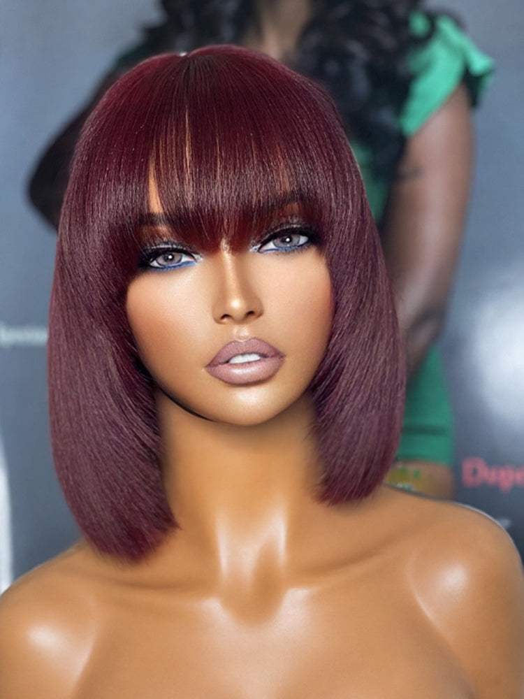 New Customers Only | Reddish Purple Realistic Glueless Yaki Straight Bob with Bangs Minimalist Lace Bob Wig All-Day Comfort Cap-19