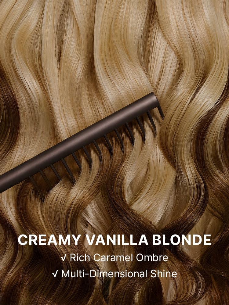 Luvme Hair 613 Blonde with Caramel Ombre 13x4 HD lace front wig featuring loose waves and pre-cut lace, 180% density, human hair.