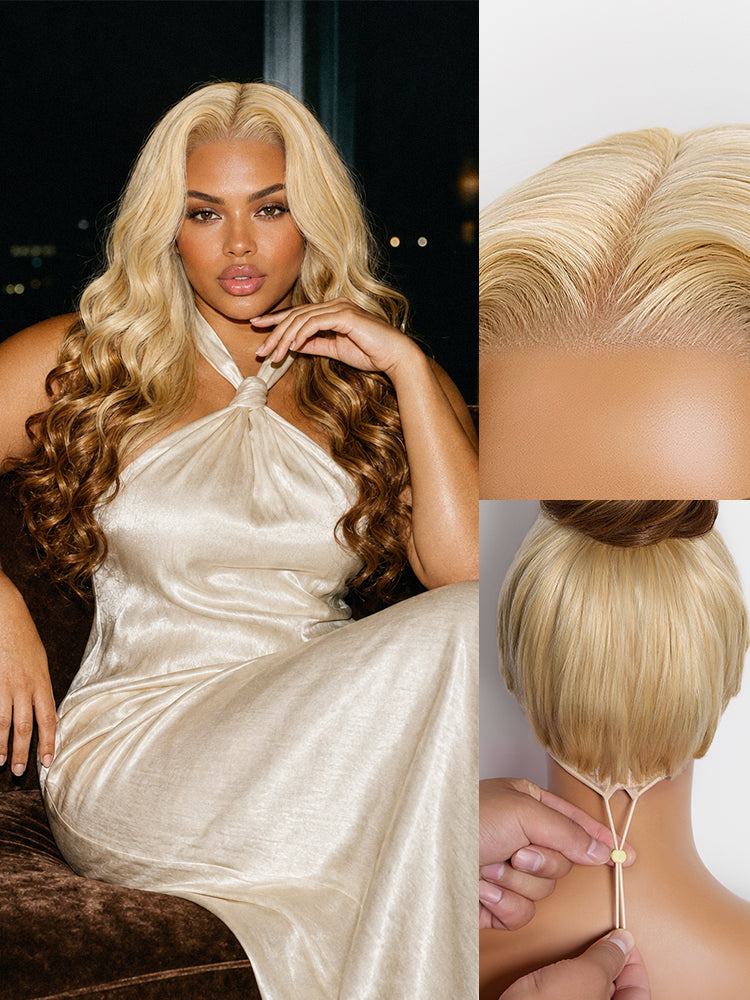 Luvme Hair 613 Blonde with Caramel Ombre 13x4 HD lace front wig featuring loose waves and pre-cut lace, 180% density human hair.