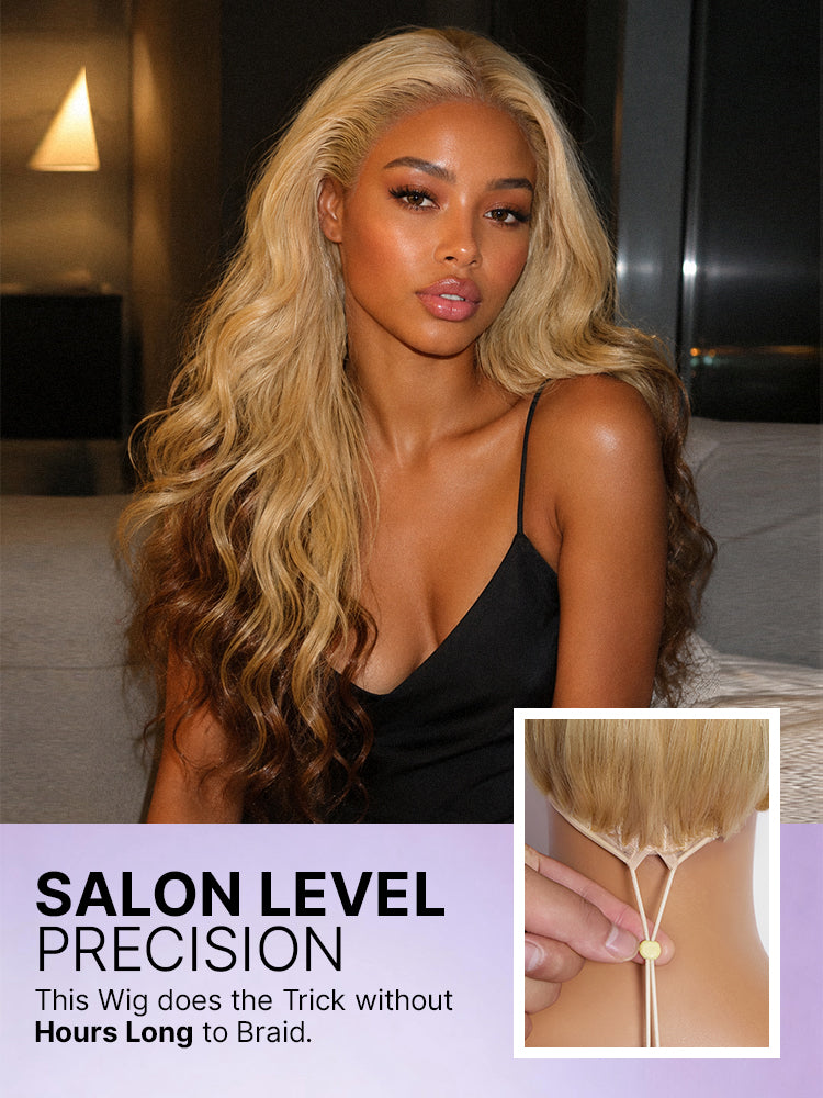 Luvme Hair 613 blonde with caramel ombre loose wave 13x4 HD lace front wig featuring pre-cut lace and 180% density.