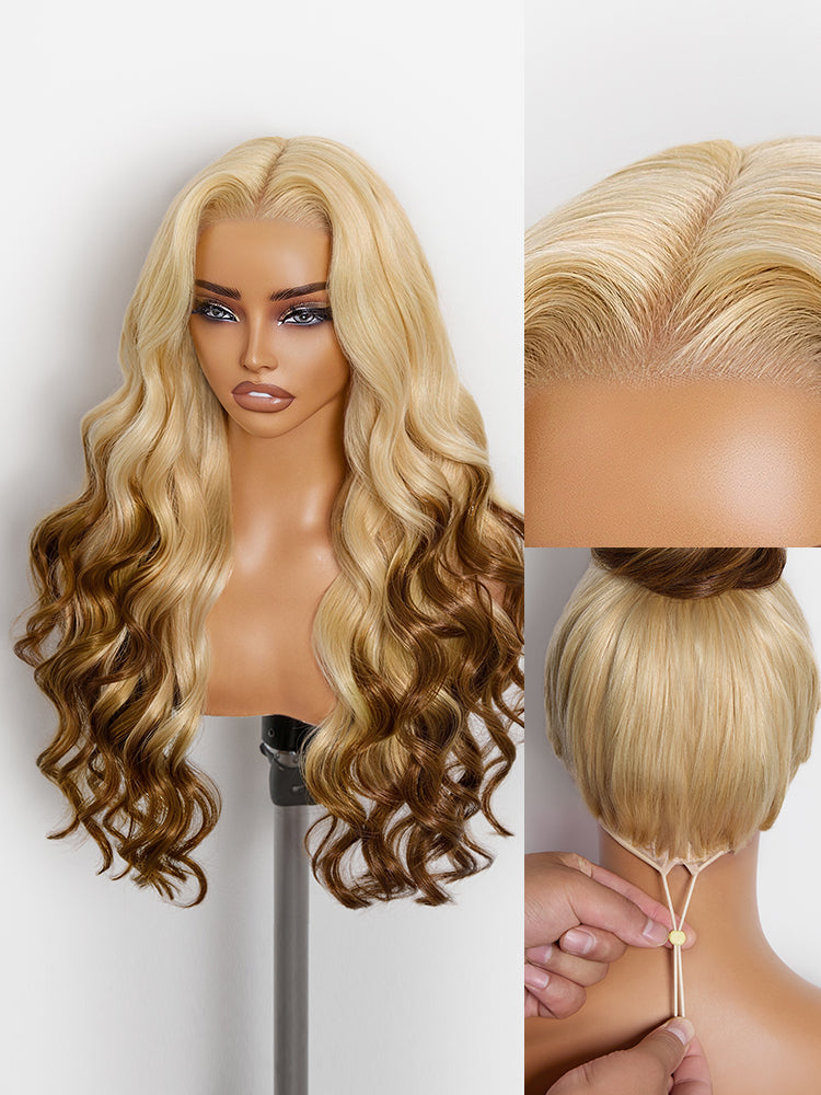 Luvme Hair 613 Blonde with Caramel Ombre 13×4 HD lace front wig with loose waves and 180% density, pre-cut lace, human hair.
