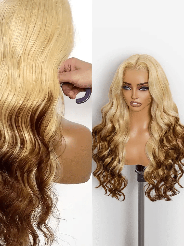 Luvme Hair 613 Blonde with Caramel Ombre 13x4 HD lace front wig, loose waves, 180% density, pre-cut lace, human hair.