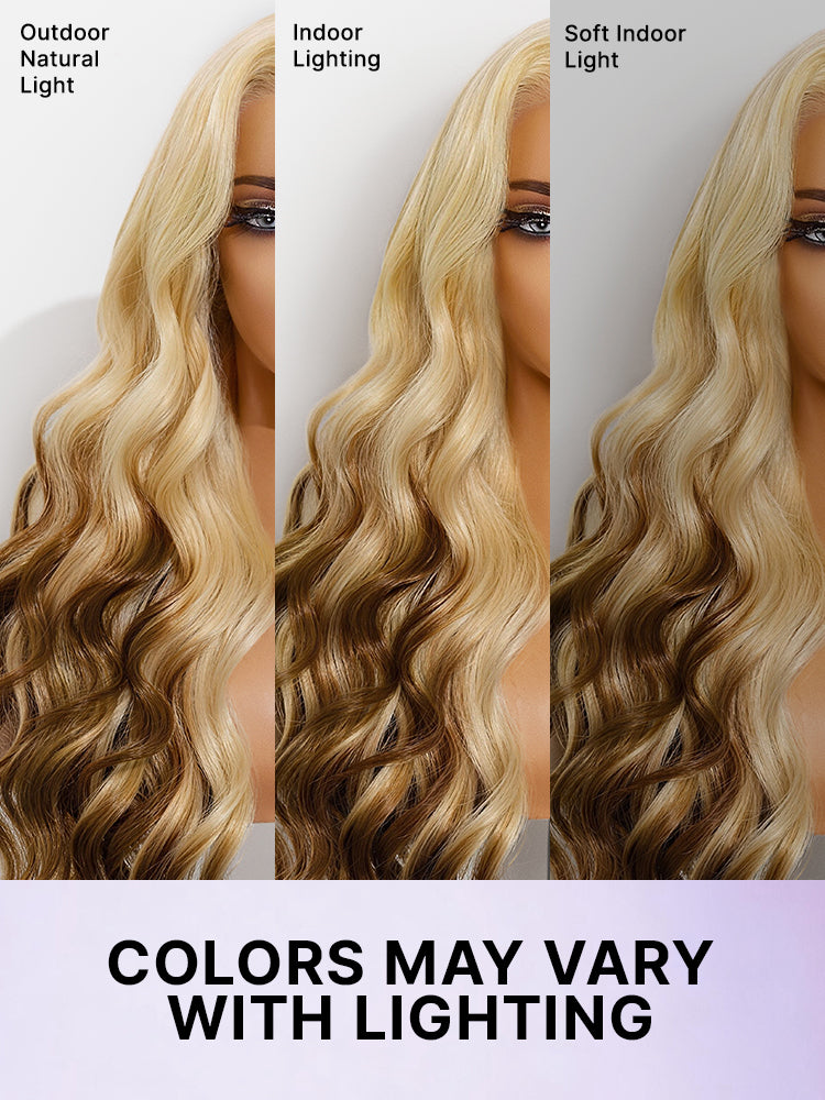 Luvme Hair 613 blonde with caramel ombre loose wave HD lace front wig, 13×4 lace, 180% density, pre-cut lace, human hair style