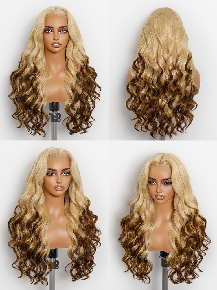 Blonde with caramel ombre lace front wig featuring loose waves, 13x4 HD lace, 180% density, human hair by Luvme Hair