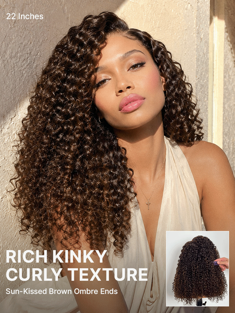 Luvme All-Day Comfort wig with 200% density, brown ombre kinky curly hair, 7x6 HD lace closure, pre-cut, glueless design