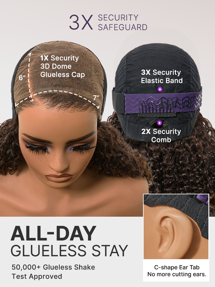Luvme All-Day Comfort Wig with 200% density, brown ombre kinky curly hair, 7x6 HD lace closure, pre-cut lace, glueless design
