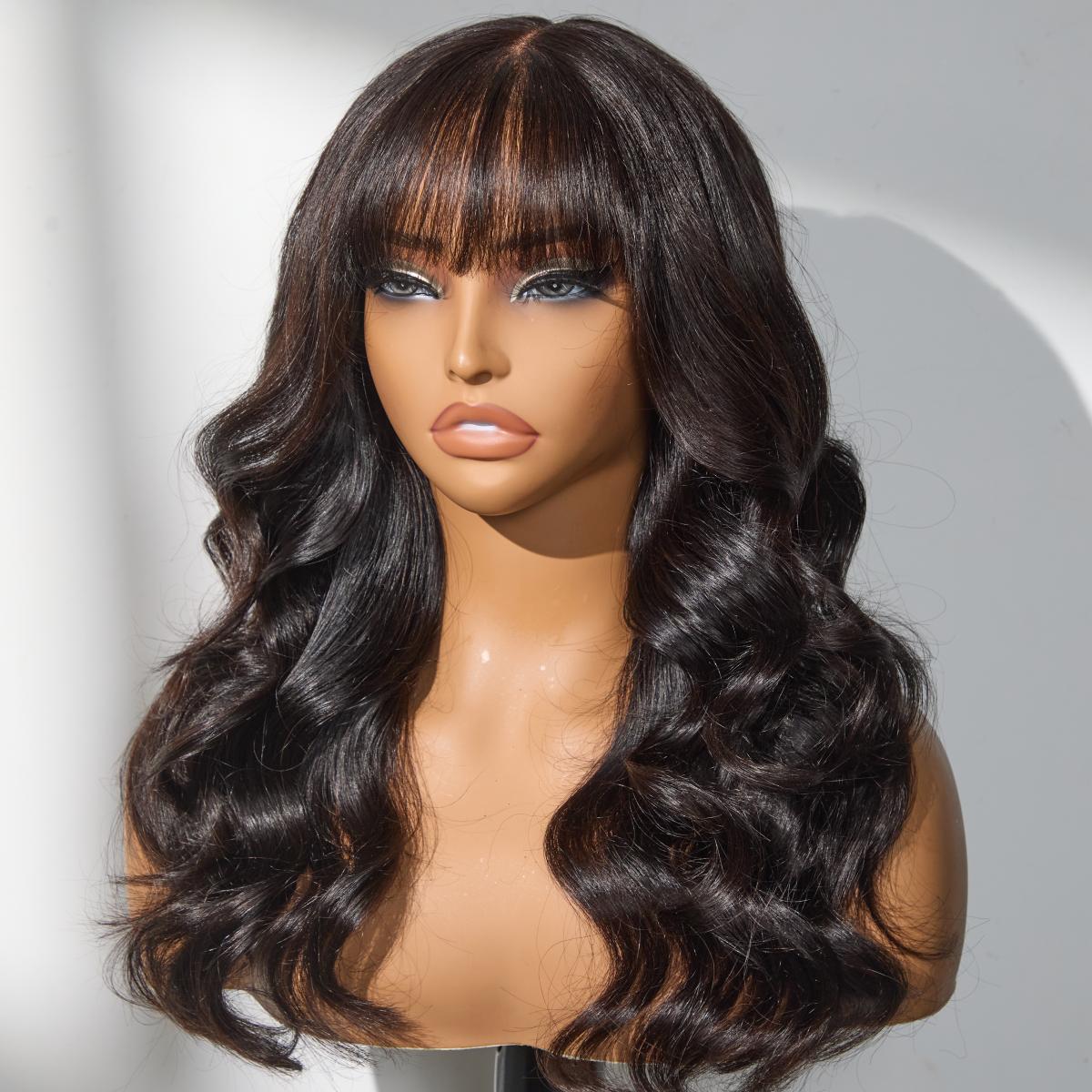 Luvme Hair 16-inch loose body wave glueless HD lace human hair wig with bangs and pre-cut 7x6 closure, natural style.