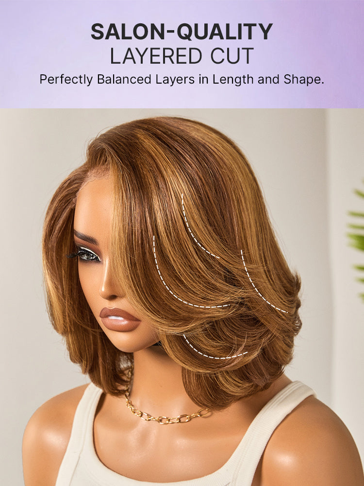 Luvme Hair toffee brown layered 5x5 closure lace bob wig with blonde highlights, glueless design, and all-day comfort cap.