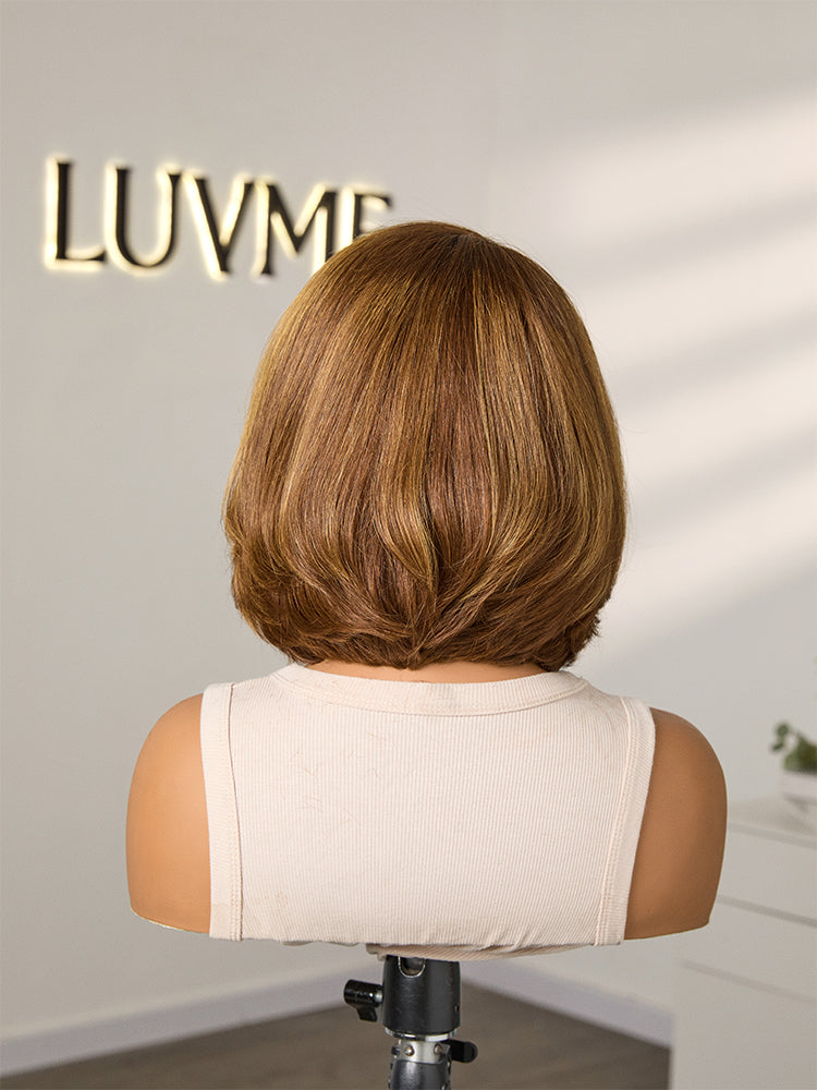 Toffee brown mix blonde and brown layered 5x5 closure lace wig by Luvme Hair, featuring a glueless cap and pre-cut lace.